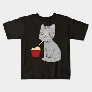 Kawaii Gray Cat Eating Ramen, Cat Lover Kids T-Shirt